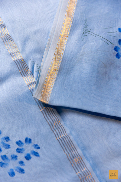 Amritha- Blue Maheshwari Hand Painted Silk Cotton Handwoven Saree