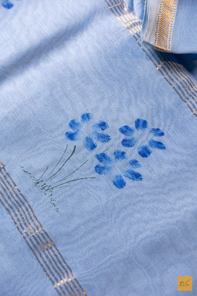 Amritha- Blue Maheshwari Hand Painted Silk Cotton Handwoven Saree