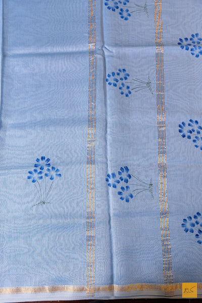 Amritha- Blue Maheshwari Hand Painted Silk Cotton Handwoven Saree