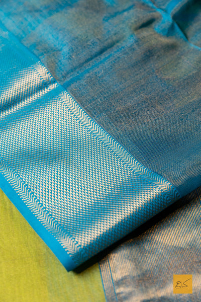 Nishkala- Lime Green-Blue Tissue Maheshwari Silk Cotton Handwoven Saree