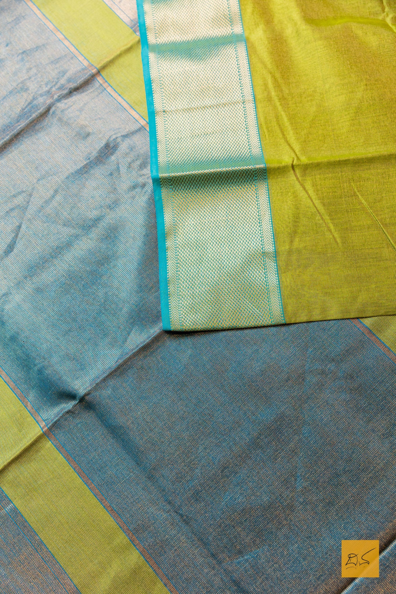 Nishkala- Lime Green-Blue Tissue Maheshwari Silk Cotton Handwoven Saree