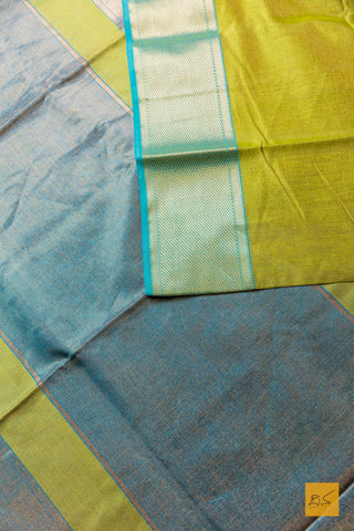 Nishkala- Lime Green-Blue Tissue Maheshwari Silk Cotton Handwoven Saree