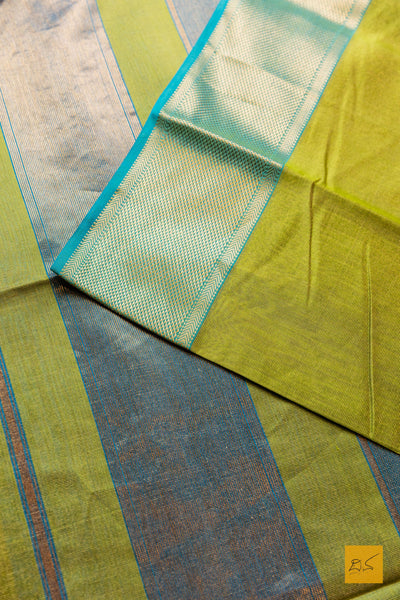 Nishkala- Lime Green-Blue Tissue Maheshwari Silk Cotton Handwoven Saree