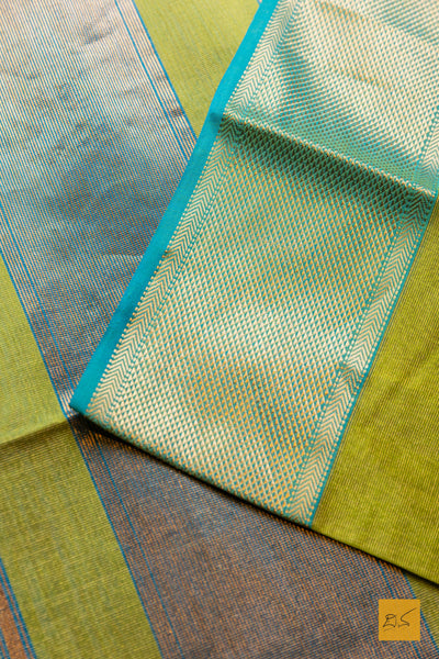 Nishkala- Lime Green-Blue Tissue Maheshwari Silk Cotton Handwoven Saree