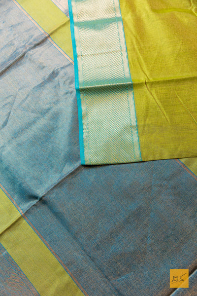 Nishkala- Lime Green-Blue Tissue Maheshwari Silk Cotton Handwoven Saree
