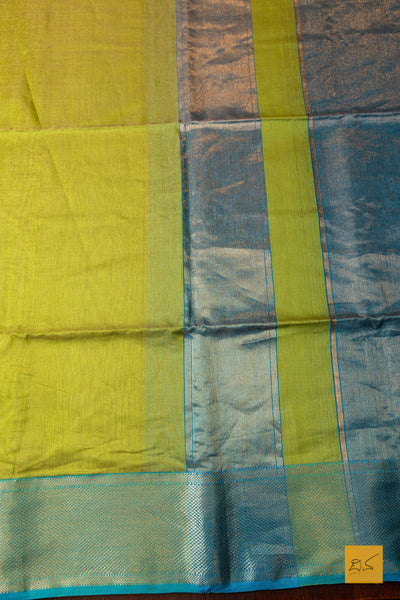 Nishkala- Lime Green-Blue Tissue Maheshwari Silk Cotton Handwoven Saree