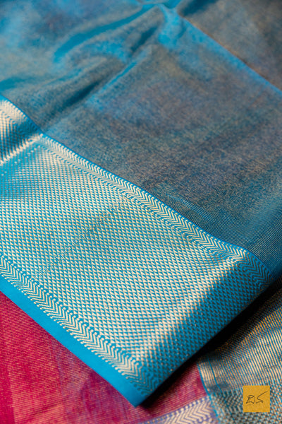 Nirupama- Maroon-Blue Tissue Maheshwari Silk Cotton Handwoven Saree