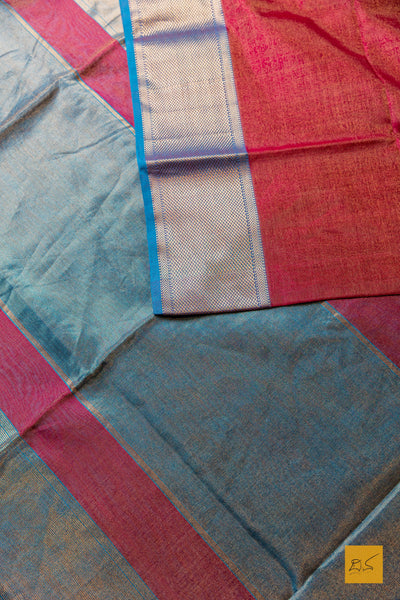 Nirupama- Maroon-Blue Tissue Maheshwari Silk Cotton Handwoven Saree