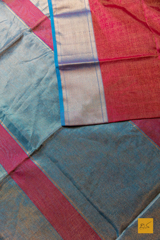Nirupama- Maroon-Blue Tissue Maheshwari Silk Cotton Handwoven Saree