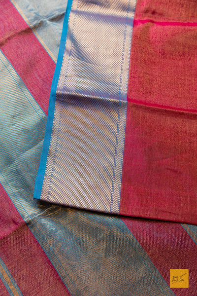 Nirupama- Maroon-Blue Tissue Maheshwari Silk Cotton Handwoven Saree