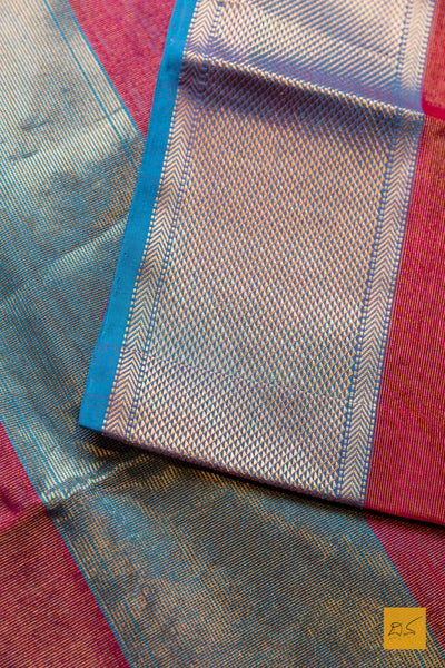 Nirupama- Maroon-Blue Tissue Maheshwari Silk Cotton Handwoven Saree
