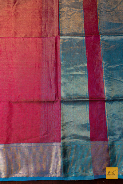Nirupama- Maroon-Blue Tissue Maheshwari Silk Cotton Handwoven Saree