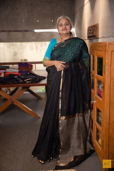 Maithri- Black Maheshwari Silk Cotton Handwoven Saree