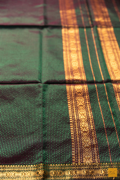 Vidhi- Green- Brown Maheshwari Garbh Reshmi Handwoven Saree