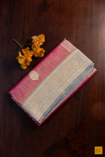 Nethra-Pink Banarasi Tissue Katan Silk Handwoven Saree
