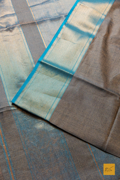 Niranthara- Grey-Blue Tissue Maheshwari Silk Cotton Handwoven Saree