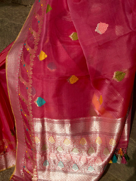 Nishpanka - Pink Banarasi Kora Silk Organza Handwoven saree