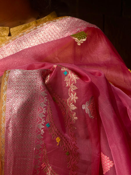 Nishpanka - Pink Banarasi Kora Silk Organza Handwoven saree