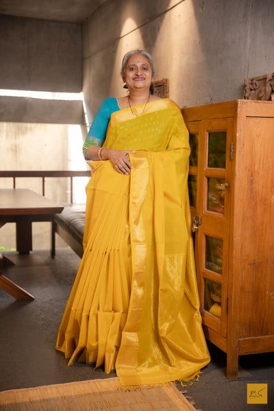 Apoorva- Yellow Maheshwari Silk Cotton Handwoven Saree