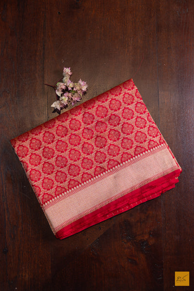 Varsha- Red Banarasi Katan Silk Brocade Handwoven Saree