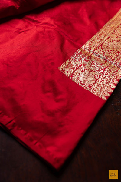 Vedhavathi- Red Banarasi Katan Silk Brocade Handwoven Saree