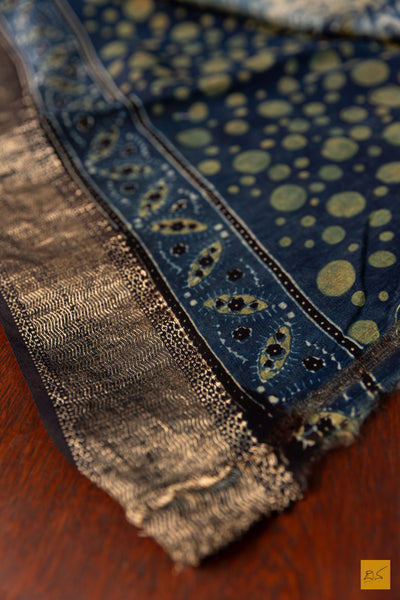 Indumathi- Blue Maheshwari Silk Cotton Ajrakh Print Handwoven Saree
