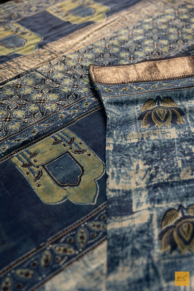 Indumathi- Blue Maheshwari Silk Cotton Ajrakh Print Handwoven Saree