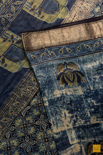 Indumathi- Blue Maheshwari Silk Cotton Ajrakh Print Handwoven Saree