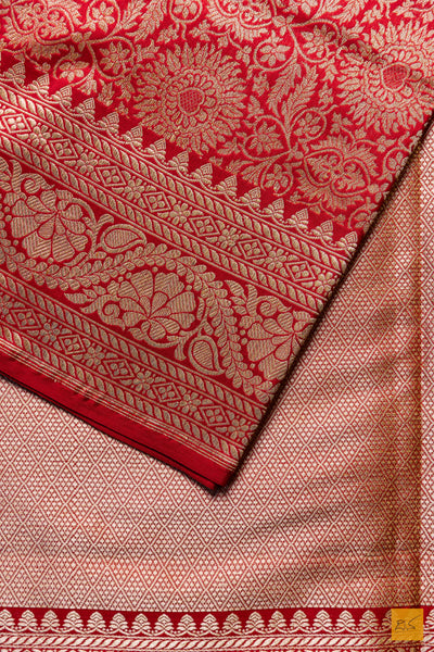 Vedhavathi- Red Banarasi Katan Silk Brocade Handwoven Saree