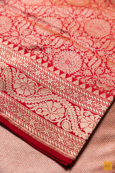 Vedhavathi- Red Banarasi Katan Silk Brocade Handwoven Saree