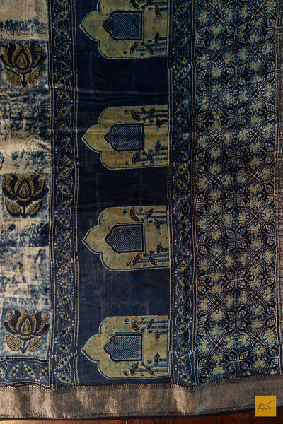 Indumathi- Blue Maheshwari Silk Cotton Ajrakh Print Handwoven Saree