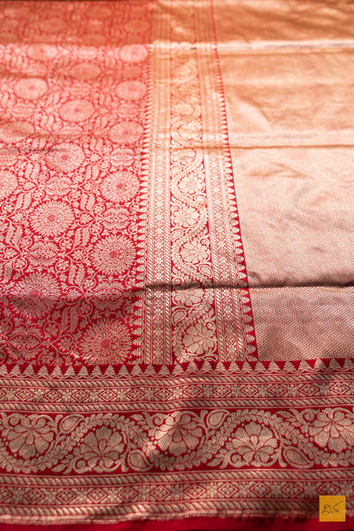 Vedhavathi- Red Banarasi Katan Silk Brocade Handwoven Saree