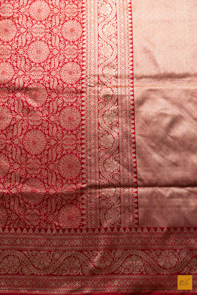 Vedhavathi- Red Banarasi Katan Silk Brocade Handwoven Saree