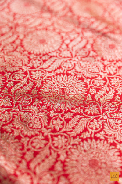 Vedhavathi- Red Banarasi Katan Silk Brocade Handwoven Saree