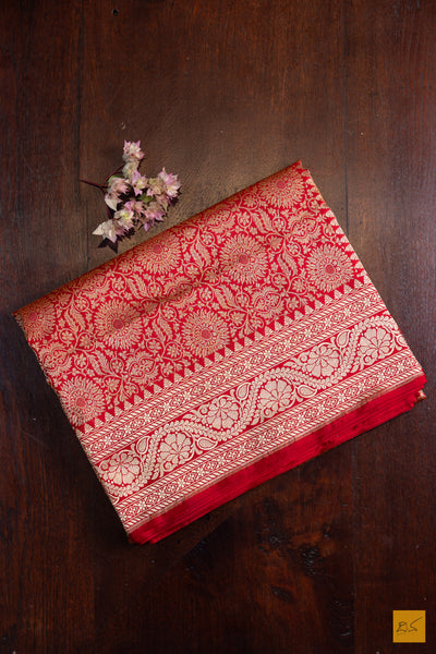 Vedhavathi- Red Banarasi Katan Silk Brocade Handwoven Saree