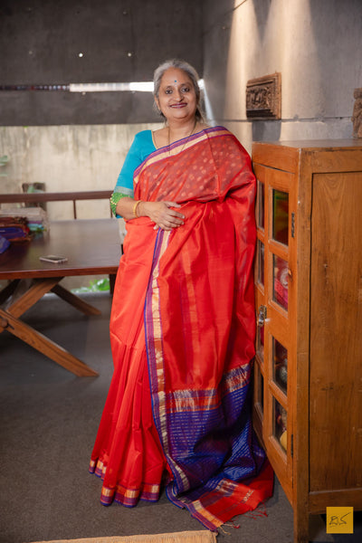 Vidya- Orange Maheshwari Silk Cotton Handwoven Saree