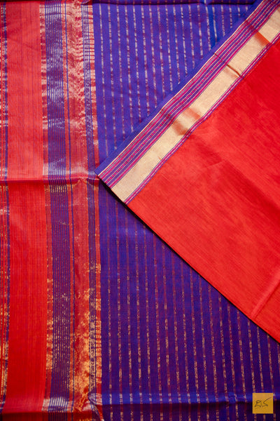 Vidya- Orange Maheshwari Silk Cotton Handwoven Saree