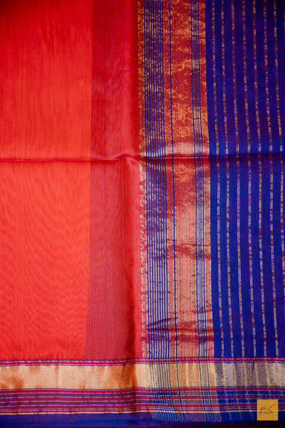 Vidya- Orange Maheshwari Silk Cotton Handwoven Saree
