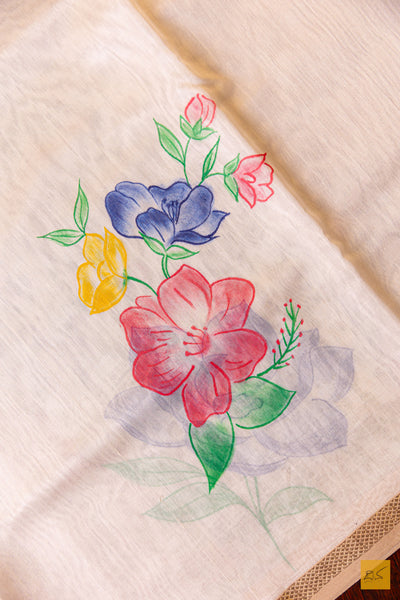 Ananya- White Maheshwari Hand Painted Silk Cotton Handwoven Saree
