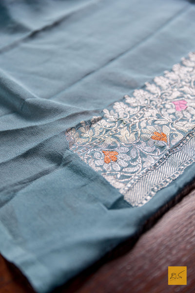 Aisha- Grey-Blue Banarasi Georgette Handwoven Saree