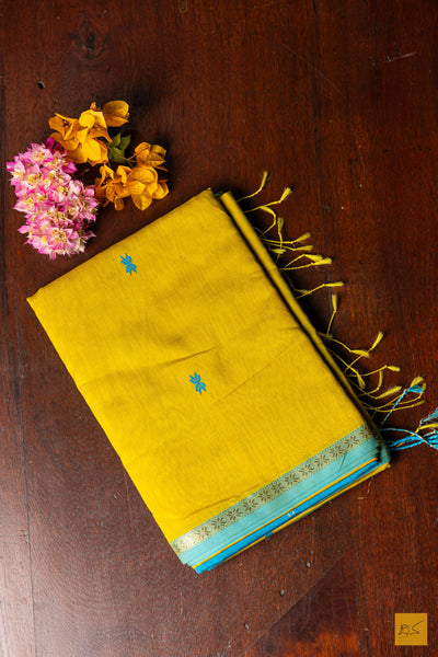 Vedhini- Yellow Maheshwari Silk Cotton Handwoven Saree