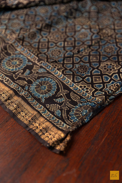 Aprameya- Black Maheshwari Silk Cotton Ajrakh Print Handwoven Saree