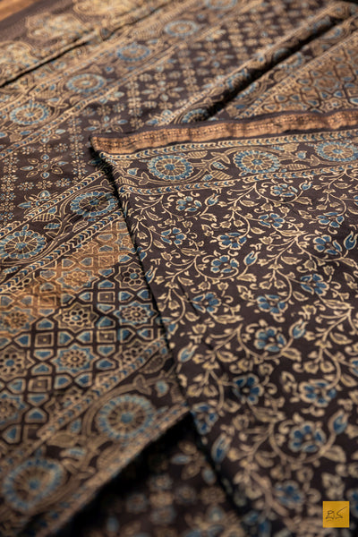 Aprameya- Black Maheshwari Silk Cotton Ajrakh Print Handwoven Saree