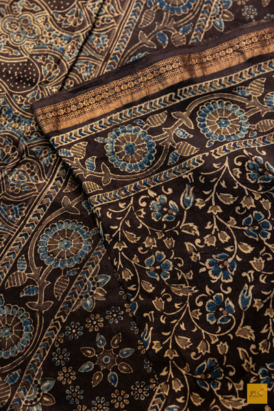 Aprameya- Black Maheshwari Silk Cotton Ajrakh Print Handwoven Saree