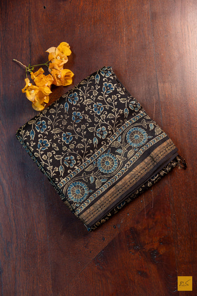 Aprameya- Black Maheshwari Silk Cotton Ajrakh Print Handwoven Saree