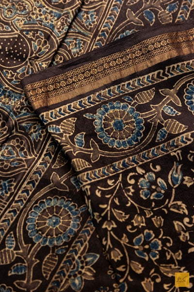 Aprameya- Black Maheshwari Silk Cotton Ajrakh Print Handwoven Saree