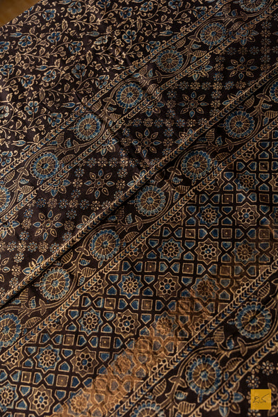 Aprameya- Black Maheshwari Silk Cotton Ajrakh Print Handwoven Saree