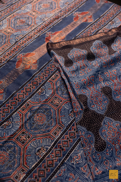 Shivangi- Blue Maheshwari Silk Cotton Ajrakh Print Handwoven Saree