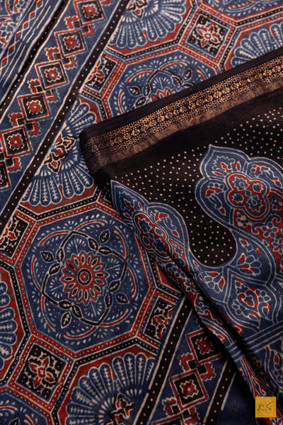 Shivangi- Blue Maheshwari Silk Cotton Ajrakh Print Handwoven Saree