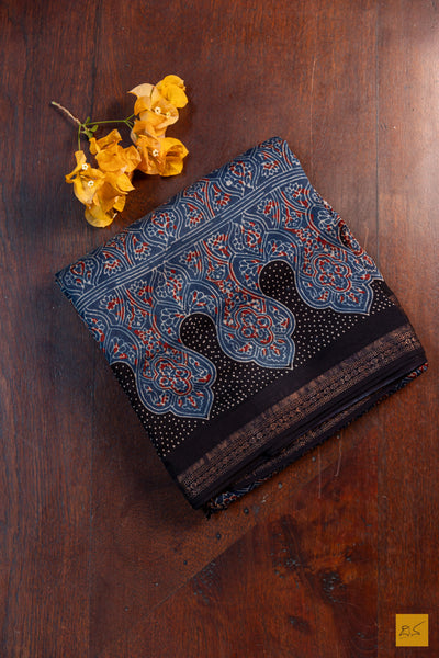 Shivangi- Blue Maheshwari Silk Cotton Ajrakh Print Handwoven Saree